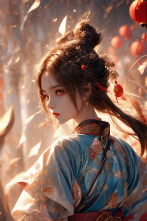 muelsyse (Arknights), 1girl, solo, slightly upturned lips, lipgloss, beautiful delicate eyes, hanfu, hanfu, splash background, holding sword, best quality, amazing quality, very aesthetic, ridiculous,girl, chinese clothes ,yumi