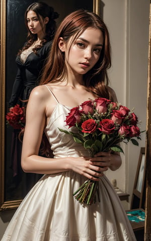 portrait,1girl,solo,dress,holding bouquet,long hair,red flower,red hair,red rose,white dress,((dyeing)),((oil painting)),((mixture)), best hands, perfect anatomy, perfect hands, (lewd art),artgerm,oil painting