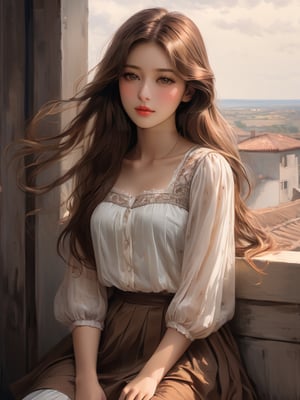 Masterpiece, top quality, highest quality, art, detail. 1 girl, long brown hair, brown eyes, sad eyes staring into space, full body shot, beautiful, skirt, soft blouse,