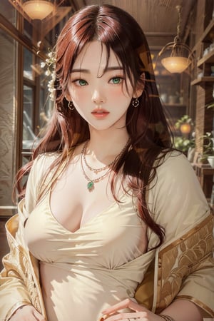 1girl, solo, Yukina, oil painting, impasto, looking at viewer, a young woman, 18 years old, red hair, long hair, green eyes, skinny body, big breasts, tribal necklace, urban psychedelic outfit, psychedelic  background, masterpiece, nijistyle, niji, ,sciamano240, soft shading, yukina, popular fashion, slim face