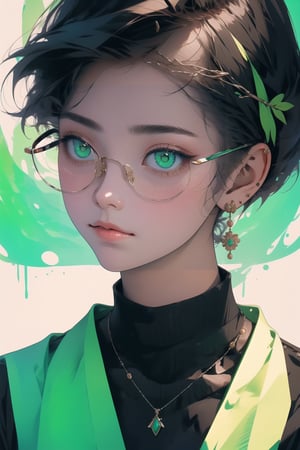 1girl, solo, long hair,oil painting, impasto, looking at viewer, black hair, jewelry, green eyes, short hair,bob cut, earrings, lips, brown skin, necklace, lips,green background,circlet,green glasses,masterpiece,beautyniji,nijistyle,niji