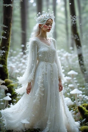  1girl,mushroom princess, in a stunning dress made of pure white slime mold, The ethereal gown flows like fine lace, glistening softly. Her crown, made of delicate mushroom caps, sparkles with tiny glowing spores. Standing in a mystical woodland glade, she embodies nature's elegance and mystery, her living dress swaying gently. The princess exudes purity and enchantment, showcasing the unexpected beauty of the natural world.,mushroomz,water dress