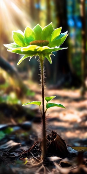 A baby treant sapling, no bigger than a sunflower, with leaves sprouting from its head and roots like tiny toes. Sunlight streams through the leaves, casting intricate shadows on the forest floor.
