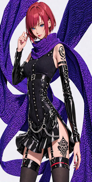 //Quality, masterpiece, best quality, detailmaster2, 8k, 8k UHD, ultra detailed, ultra-high resolution, ultra-high definition, highres, 
//Character, 1girl, solo, NelZelpher_SO3, purple eyes, short hair, red hair, tattoo,
//Fashion, black thighhighs, scarf, 
//Background, white background, 
//Others, 