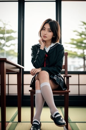 1 girl , taiwanese,  25_years old ,Asia, senior hight school, D cup, {{short_hair the ends are cut around chin length}}, Sailor suit uniform, skirt, {{4K_quality}}, ((japanese_JK_uniform)), Extremely Realistic, smaller head,studentofMisery, Fujifilm_camera , Aperture _F1.4, XF56mmF1.4 ,full-body shot, Bokeh, IG: iwakura shiori, stockings,canvas shoes, seat on the chair, {{window next to starbucks}}, Backlight, sideways ,{{ silhouette}}, indoor only sun light,time is 3P.M.,  turning head to look like a camera, No light indoors, light only form windows,Hands on the table, one hand resting on the chin, coffee cup on the table, film_style, cross her legs, Zettai Ryōiki