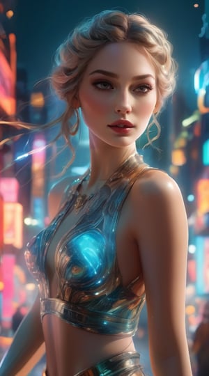 A captivating fantasy portrait of a stunning powerful young goddess. A striking digital artwork featuring a radiant woman in an avant-garde ensemble, set against a dark fantasy cityscape backdrop. The woman's outfit is a captivating blend of modern urban style and intricate filigree, highlighted by contour lighting that accentuates her captivating beauty. Her attire glows with every movement, drawing the viewer's eye to her enchanting presence. Surrounding her is a mesmerizing whirlwind of dazzling, magical particles that shimmer and dance in the air, adding to the ethereal atmosphere. The cityscape behind her is a fusion of graffiti-adorned skyscrapers and vibrant neon lights, casting intriguing shadows on the scene. The dynamic interplay of urban street art and fantasy elements in this 3D render breathes life into the vivid details, creating a captivating, forward-