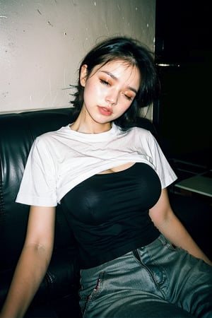 (intimate photo), photorealistic, 1girl, (busty) Korean girl, K-pop idol, 20 year old, young, solo, shirt, black hair, closed mouth, closed eyes, short sleeves, lying, pants, indoors, on back, phone, black pants, stuffed toy, table, sleeping, couch, grey shirt, realistic, on couch