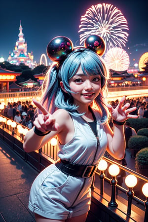 (best quality),(masterpiece:1.1),(extremely detailed CG unity wallpaper:1.1), (colorful cloth :1.3),(panorama shot:1.4),looking at viewer,from above,2 girls ,15yo, (Disney cosplay :1.4), (Disney land Tokyo background :1.4), adorable hair, fun, smile, flowers (innocent grey), 16K, UHD, HDR, rose, twilight, perfect shadow, (perfect fingers :1.4), perfect face, five fingers for each hand, (dynamic action pose :1.4), FANTASY ,beehive fireworks