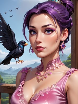 1girl, solo, breasts, looking at viewer, dress, cleavage, bare shoulders, jewelry, medium breasts, closed mouth, purple eyes, upper body, purple hair, flower, earrings, outdoors, sleeveless, hair bun, tree, clothing cutout, window, makeup, bird, animal, cleavage cutout, single hair bun, tiara, lipstick, pink dress, bare tree, crow, updo, bird on shoulder