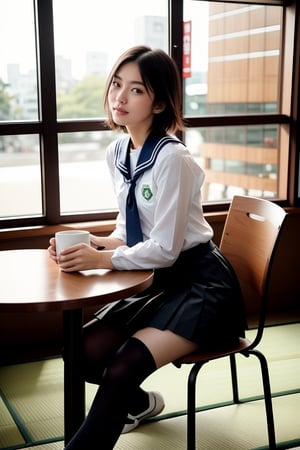 1 girl , taiwanese,  25_years old ,Asia, senior hight school, D cup, {{short_hair the ends are cut around chin length}}, Sailor suit uniform, skirt, {{4K_quality}}, ((japanese_JK_uniform)), Extremely Realistic, smaller head,studentofMisery, Fujifilm_camera , Aperture _F1.4, XF56mmF1.4 ,full-body shot, Bokeh, IG: iwakura shiori, stockings,canvas shoes, seat on the chair, {{window next to starbucks}}, Backlight, sideways ,{{ silhouette}}, indoor only sun light,time is 3P.M.,  turning head to look like a camera, No light indoors, light only form windows,Hands on the table, one hand resting on the chin, coffee cup on the table, film_style, cross her legs, Zettai Ryōiki