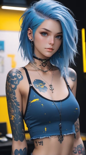 (highers), (ultra detailed), (perfect face), gray eyes, (((three color 4A Hair Type hair, ((yellow white and blue hair)), shy, navel, (bright lights), (blinding lights), blue color theme, dark, room, punk, large chest, make up, dark eyeshadow, piercing, tattoos, belly tattoo