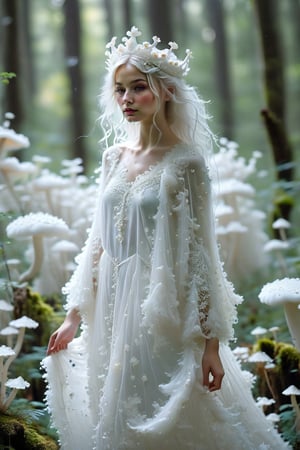  1girl,mushroom princess, in a stunning dress made of pure white slime mold, The ethereal gown flows like fine lace, glistening softly. Her crown, made of delicate mushroom caps, sparkles with tiny glowing spores. Standing in a mystical woodland glade, she embodies nature's elegance and mystery, her living dress swaying gently. The princess exudes purity and enchantment, showcasing the unexpected beauty of the natural world.,mushroomz,water dress