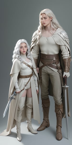 photorealistic, (hyperrealistic:1.8),tall and slender figure, beautiful, masterpiece, best quality, perfect lighting, , derpd, 1girl, ground, weapon, sword, long curly hair, armor, fingerless gloves, cape, weapon on back, face, bag, sheathed, white hair, light blue eyes,very long hair,standing, scabbard, ripped clothes, cowboy shot, detailed hands and fingers, power hand , style Dishonored , style Emily Kaldwin , tattoo forearm , brunette , angry ,better_hands,portrait