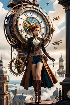 full body shot, high quality, 8K Ultra HD, high detailed, Steampunk Time Voyager, Watercolor, wash technique, colorful, blurry, smudge outline, like a fairy tale, The protagonist, a courageous young beautiful woman adorned in a blend of vintage and futuristic attire, Embark on a thrilling journey through time in a steampunk-infused world, where past and future intertwine in perfect unison, This intricate digital art piece captures the essence of a daring time voyager exploring a Victorian-era metropolis with a steampunk twist, stands atop a colossal clock tower adorned with ornate cogs and gears, propelled by precise mechanical propellers, The city's architecture harmoniously blends classic Victorian elegance with intricate steampunk machinery, resulting in a visually captivating juxtaposition, by yukisakura, awesome full color,LinkGirl
