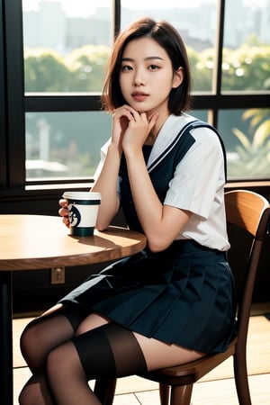 1 girl , taiwanese,  25_years old ,Asia, senior hight school,   {{short_hair the ends are cut around chin length}}, Sailor suit uniform, skirt, {{4K_quality}}, ((japanese_JK_uniform)), Extremely Realistic, smaller head,studentofMisery, Fujifilm_camera , Aperture _F1.4, XF56mmF1.4 ,full-body shot, Bokeh, IG: iwakura shiori, stockings,canvas shoes, seat on the chair, {{window next to starbucks}}, Backlight, sideways ,{{ silhouette}}, indoor only sun light,time is 3P.M.{{Half-body close-up}}, facing forward, turning head to look like a camera, No light indoors, light only form windows,Hands on the table, one hand resting on the chin, coffee cup on the table, film_style, cross her legs