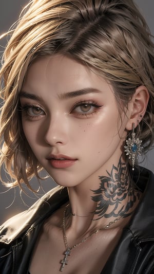 A striking portrait of a young woman with very short, bright yellow hair and piercing brown eyes. She gazes directly at the viewer, her expression enigmatic with her closed mouth and subtle smirk hinted by her lips. A black jacket adds edginess to her outfit, adorned with delicate jewelry: earrings, necklace, and a tattoo on her collarbone. Her makeup is subtle yet effective, accentuating her features with mascara defining her eyelashes. The subject's nose is slight and refined, adding to the overall sense of confidence and allure in this intimate, well-lit portrait.