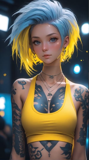 (highers), (ultra detailed), (perfect face), gray eyes, (((three color 4A Hair Type hair, ((yellow white and blue hair)), shy, navel, (bright lights), (blinding lights), blue color theme, dark, room, punk, large chest, make up, dark eyeshadow, piercing, tattoos, belly tattoo