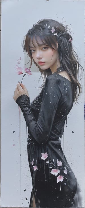 Masterpiece, High Quality, 8K, Hand Painting, Watercolor, Beautiful Woman, Detailed, Very Realistic, Artistic, Silhouette, Petal, Wind,glitter,dragonbaby,charcoal \(medium\),dripping paint,xeesoxee