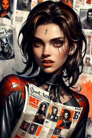 Vampire style woman, close-up, brown eyes, elegant, torn and dirty clothes, defiant and well-detailed look, orange lips, cyberpunk, gothic, dark tattoo BrgEy

,newspaper wall,bbyorf,spidergwen,Chromaspots