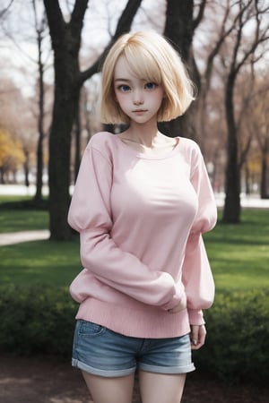 (((standing in the park))), natural light, (chinese architecture), cleavage,
masterpiece, 8k, upper-body_portrait, 1 girl, cute, detailed face, beautiful detailed eyes, happy, strong eyebrows, (blush), (embarrassed),
髮：(extrmly short hair), bangs, ((blonde hair:1.2)), 
體： (((dainty body))),  (((petite body:1.4))), (((saggy boobs:1.2))), 
服：(((bare neck))), (pink sweatshirt), (miniskirt), (puff sleeves), strapless_clothes, sleeves past wrists