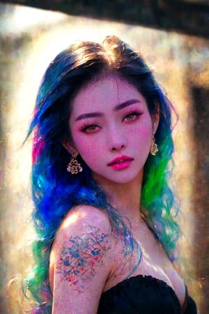 photorealistic,donghua,wuxia, cute girl, high resolution, wallpaper, soft light, red eye, 1women, solo, hips up, half body photo, shining skin, (detailed face), tattoo, dark, jewelry, medium breast, sexy, (rainbow color Hair, colorful hair, half blue and half red hair:1.2), on chinese traditional house, from below, casual style, nsfw, nude,selfie, showing boobs, 1 girl, REALISTIC,1girl,niji