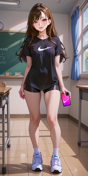 score_9, score_8_up, score_7_up, 
Girl,1girl, solo, 18 years old, slim girl, lips parted, long length hair, brown hair, small breasts, (black t-shirt:1.2), (over-sized T-Shirt:1.6), black yoga shorts, white short socks, (white Nike sneakers:1.2), standing in the classroom. (looking at her mobile phone:1.4) (skinny legs:1.3)