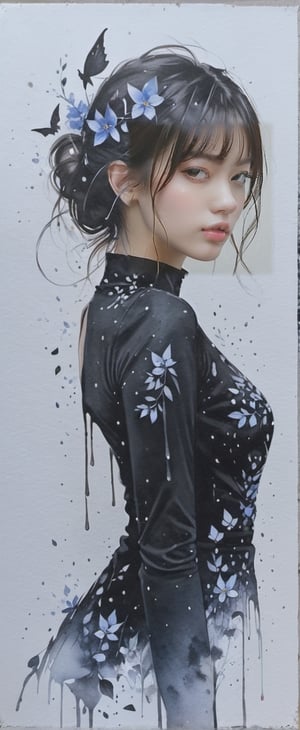 Masterpiece, High Quality, 8K, Hand Painting, Watercolor, Beautiful Woman, Detailed, Very Realistic, Artistic, Silhouette, Petal, Wind,glitter,dragonbaby,charcoal \(medium\),dripping paint,xeesoxee