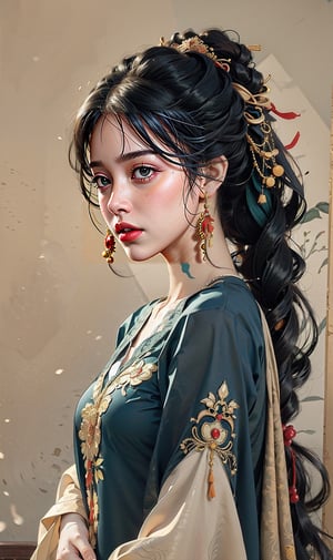 Natural Light, (Best Quality, highly detailed, Masterpiece:1.2), 16k, depth of field, ((wide shot)), 1girl A lady with long black hair, Full body picture,Tang Dynasty Clothing, dark green silk thread, Transparent watercolor, splash ink rendering, chaos rendering, (beautiful and detailed eyes), (realistic detailed skin texture), (detailed hair), (realistic light and shadow), (clean outline, sketch style line art),ink splash,solid color background