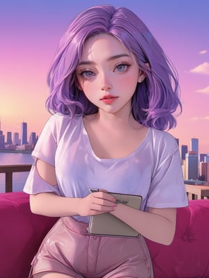 lustful, thigh up body, 1girl, ((masterpiece)), ((best quality)), (((photo Realistic))), A stunning, super-realistic 3D render of a young, twenty-year-old woman with violet hair, dark mascara, and pink lipstick. She wears a casual outfit of a white shirt and jeans, holding a sketchbook filled with names, hinting at her artistic or architectural talents. The background features a breathtaking city skyline, bathed in the warm hues of a vibrant sunset. This highly detailed 8K quality 3D image captures the essence of a cinematic, photo-like scene in the heart of the city.