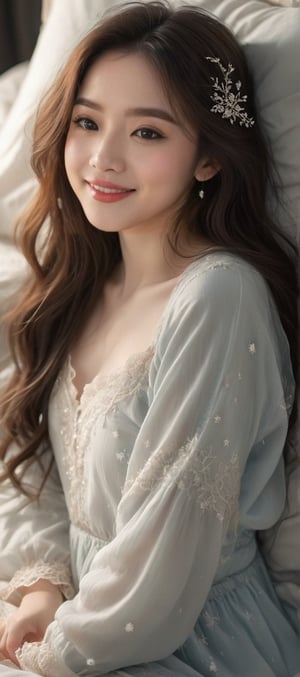 Beautiful, soft light, (beautiful and delicate eyes), very detailed, pale skin, big smile, (long hair), dreamy,Bright moonbeam shines in front of bed, It looks like some frost on the ground. Toward the bright moon I raise my head, Lowering my head with nostalgia around.