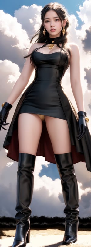 Yo Briar, (photorealistic), beautiful girl, knee-high boots, bare shoulders, Background of thunderclouds in cloud haze, black dress, black gloves, black hair, chest, closed mouth, cowboy shot, dress, earrings, Expressionless, fingerless gloves, floating hair, gloves, gold earrings, gold hair band, hair flower, hair ornaments, hair band, gem, very large breasts, particles of light, long hair, look at viewer, off shoulderdress, off shoulder, red eyes, long short hair, side lock, solo, spike, thighs, double sided dress, double sided fabric, ((master piece)),sugar_rune,bbyorf, angle from below