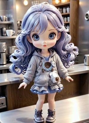 1girl, solo, chibi, full body, looking at viewer, smiley face, blue eyes,  long hair, violet hair, Grey casual wear, Have coffee at the coffee bar.