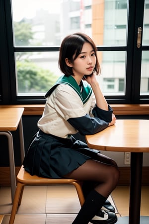 1 girl , taiwanese,  25_years old ,Asia, senior hight school,   {{short_hair the ends are cut around chin length}}, Sailor suit uniform, skirt, {{4K_quality}}, ((japanese_JK_uniform)), Extremely Realistic, smaller head,studentofMisery, Fujifilm_camera , Aperture _F1.4, XF56mmF1.4 ,full-body shot, Bokeh, IG: iwakura shiori, stockings,canvas shoes, seat on the chair, {{window next to starbucks}}, Backlight, sideways ,{{ silhouette}}, indoor only sun light,time is 3P.M.{{Half-body close-up}}, facing forward, turning head to look like a camera, No light indoors, light only form windows,Hands on the table, one hand resting on the chin, coffee cup on the table, film_style, cross her legs