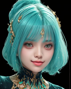 1girl, (masterpiece, best quality, ultra-detailed, 8K), ((black background)), vibrant colors, (,short_hair, aqua_hair, bangs,) (, green_eyes, makeup, grunge makeup,) big breasts, ((abstract background)) , happy_face, smile, jewels, ((half_body_portrait, head and stomach portrait, face_forward,)), hair_ornament, jewelry, looking_at_viewer,High detailed, navel, mini skirt, ,sangonomiya kokomi (sparkling coralbone),Vexana