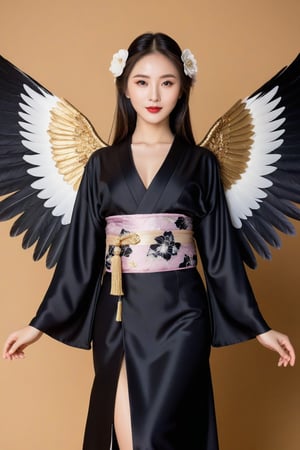 award-winning photography, (full body shot):1.5, hyperrealistic, personification of black rose as a stunning beautiful angel, wings, an 17-years-old ethereal gorgeous japanese idol, black kimono furisode, falling feather, flying feather, ethereal glamorous beautiful face, porcelain skin, detailed face, perfect v-shaped face, prominent facial features, sparkling almond eyes, black eye pupils, intricate eye makeup, (smiles captatively):1.45, attractive body, perfect model body, Rembrandt lighting, japanese art,hubggirl,ohwx woman