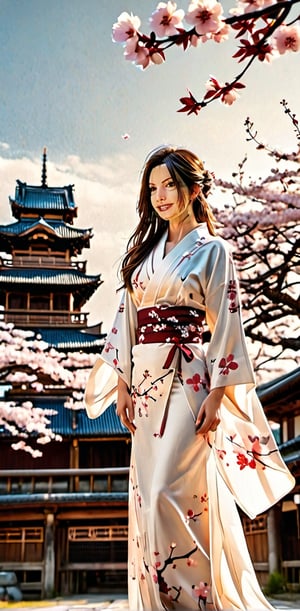 1 girl, score_9, score_8_up, score_7_up,  1girl, (brown hair, long hair, straight hair, mid parted hair:1.25), side view,  white kimono, off shoulder, ancient Japan castle background with (japanese kanji), sakura petals, high contrast , epic, gorgeous, film grain, grainy, Ultra-HD-details, smile, (oil shiny skin:1.0), (medium_boobs:2.2), willowy, chiseled, (hunky:2.6), (upper body:0.8),(perfect anatomy, prefecthand, dress, long fingers, 4 fingers, 1 thumb), 9 head body lenth, dynamic sexy pose, (artistic pose of a woman)