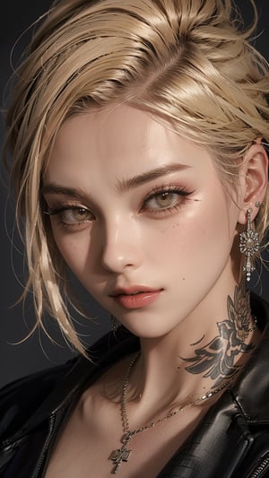 A striking portrait of a young woman with very short, bright yellow hair and piercing brown eyes. She gazes directly at the viewer, her expression enigmatic with her closed mouth and subtle smirk hinted by her lips. A black jacket adds edginess to her outfit, adorned with delicate jewelry: earrings, necklace, and a tattoo on her collarbone. Her makeup is subtle yet effective, accentuating her features with mascara defining her eyelashes. The subject's nose is slight and refined, adding to the overall sense of confidence and allure in this intimate, well-lit portrait.