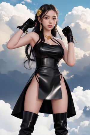 Yo Briar, (photorealistic), beautiful girl, knee-high boots, bare shoulders, Background of thunderclouds in cloud haze, black dress, black gloves, black hair, chest, closed mouth, cowboy shot, dress, earrings, Expressionless, fingerless gloves, floating hair, gloves, gold earrings, gold hair band, hair flower, hair ornaments, hair band, gem, big breasts, particles of light, long hair, look at viewer, off shoulderdress, off shoulder, red eyes, long short hair, side lock, solo, spike, thighs, double sided dress, double sided fabric, ((master piece)),sugar_rune,bbyorf, angle from below