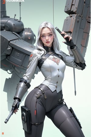 (masterpiece, best quality, hires, high resolution:1.2), (extremely detailed, realistic,high contrast,professional photography photos), 3d, cg, nsfw, woman, (brutalist style:1.6), heavy steampunk armor, robot, cannon, katana, mechinegun, muscular, abs, shiny_skin, light_skin, breasts_out, perfect_hands, science fiction, (cinematic lighting, sunlight, volumetric), looking at viewer, eye-level shot, close-up shot, (vivi color background:1.4), vintage fantasy, 1960s \(style\), film grain, (atompunkstylesd15:1.0), (soviet poster:1.4), ruanyi0214, ruanyi0220, holding sword, holding gun, (dynamic pose:1.6), female action poses