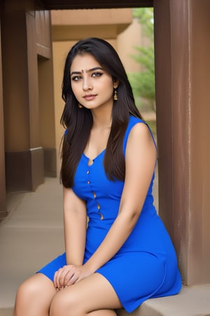 Indian girl,oval face,beautifulface,bihari asset,beautiful eyes,beautiful nose,beautiful lips, long hair, blueblakish eyes, wearing kurti,curvy figure, beautiful temple background, sitting in stairs of temple