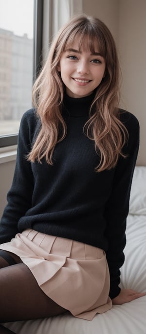 Generate hyper realistic image of a woman with long, wavy pink hair and blue eyes, wearing a pleated skirt and black pantyhose, sitting on a bed near a window. Her blush and closed-mouth smile convey a subtle sweetness, while her bangs frame her face. She wears a black sweater with long sleeves and a turtleneck, basking in the sunlight filtering through the window. 15 year old girl 