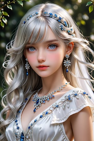 a silver hair girl, portrait, delicately rendered but majestically scaled jewelry hair ornament, medium hair, silver hair ornament, beautiful straight hair, bangs, jewelry, earrings. white dress, (masterpiece, top quality, best quality, official art, beautiful and aesthetic:1.2), (1girl:1.4), portrait, extreme detailed, highest detailed, simple background, 16k, high resolution, perfect dynamic composition, (sharp focus:1.2), super wide angle, high angle, high color contrast, medium wide shot, depth of field, blurry background, look at viewer, cinematic lighting, highest detailed eyes, DonMM1y4XL,Extremely Realistic