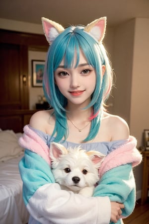 (best quality, masterpiece), 1girl, off shoulder,(softcolored hair:1.3), clutter girl's lovely room, hugging stuffed animal, fluffy hoodie with animal ears, 15 year old, smile, beaming face, FUJI