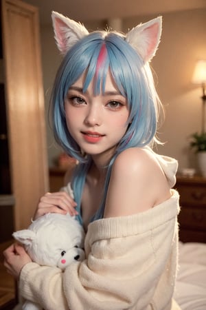 (best quality, masterpiece), 1girl, off shoulder,(softcolored hair:1.3), silver hair, clutter girl's lovely room, hugging stuffed animal, fluffy hoodie with animal ears, 15 year old, smile, beaming face, extremely high resolution, photorealistic, RAW photography, depth of field, amazingly high detailed eyes and face, silky smooth skin, FUJI