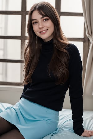 Generate hyper realistic image of a woman with long, wavy pink hair and blue eyes, wearing a pleated skirt and black pantyhose, sitting on a bed near a window. Her blush and closed-mouth smile convey a subtle sweetness, while her bangs frame her face. She wears a black sweater with long sleeves and a turtleneck, basking in the sunlight filtering through the window. 15 year old girl ,FUJI,1 girl
