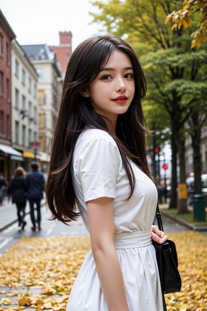 1girl, solo, long hair, looking at viewer, smile, black hair, brown eyes, upper body, black eyes, lips,  v, realistic, red lips, Standing, Wearing an autumn cotton dress, standing on a street with yellow fallen leaves, with passers-by in the distance, dynamic angle, wind flowing, messy hair ,sks woman