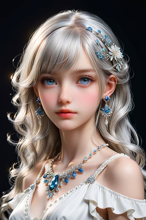 a silver hair girl, portrait, delicately rendered but majestically scaled jewelry hair ornament, medium hair, silver hair ornament, (beautiful straight hair), bangs, jewelry, earrings. white dress, (masterpiece, top quality, best quality, official art, beautiful and aesthetic:1.2), (1girl:1.4), portrait, extreme detailed, highest detailed, simple background, 16k, high resolution, perfect dynamic composition, (sharp focus:1.2), super wide angle, high angle, high color contrast, medium wide shot, depth of field, blurry background, look at viewer, cinematic lighting, highest detailed eyes, DonMM1y4XL,Extremely Realistic