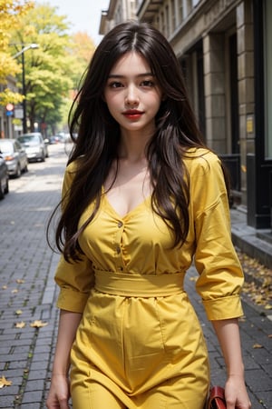 1girl, solo, long hair, looking at viewer, smile, black hair, brown eyes, upper body, black eyes, lips,  v, realistic, red lips, Standing, Wearing an autumn cotton dress, standing on a street with yellow fallen leaves, with passers-by in the distance, dynamic angle, wind flowing, messy hair ,sks woman