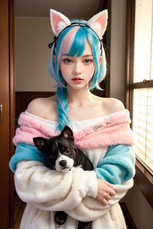 (best quality, masterpiece), 1girl, off shoulder,(softcolored hair:1.3), clutter girl's lovely room, hugging stuffed animal, fluffy hoodie with animal ears,FUJI