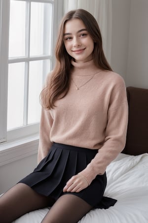 Generate hyper realistic image of a woman with long, wavy pink hair and blue eyes, wearing a pleated skirt and black pantyhose, sitting on a bed near a window. Her blush and closed-mouth smile convey a subtle sweetness, while her bangs frame her face. She wears a black sweater with long sleeves and a turtleneck, basking in the sunlight filtering through the window. 15 year old girl ,FUJI,1 girl,realhands